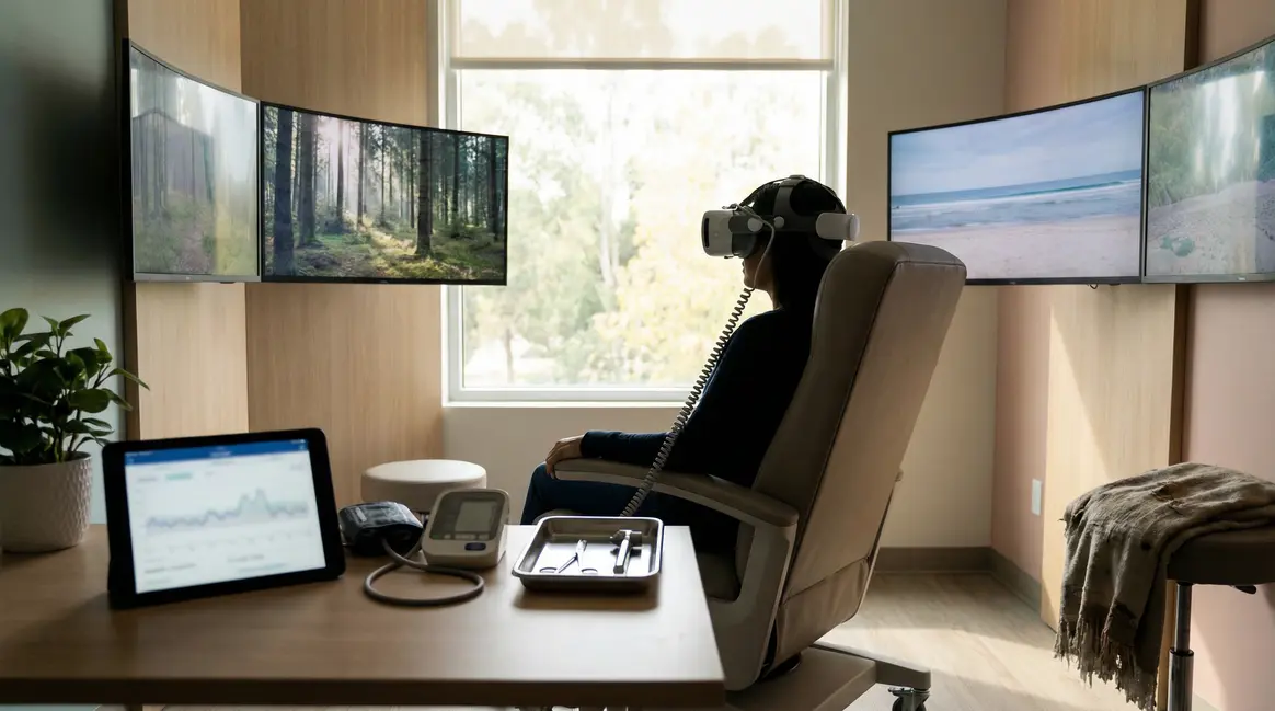 Prix d’un casque VR thérapeutique : modèles, formules et conseils pour bien choisir Patient utilisant casque VR médical en environnement apaisant