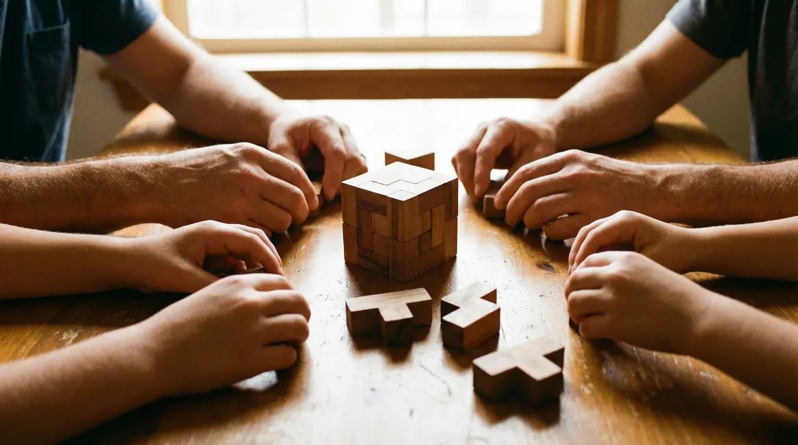 Cubissimo : casse-tête 3D en bois, logique et plaisir pour toute la famille Casse-tête 3D Cubissimo sur table avec famille