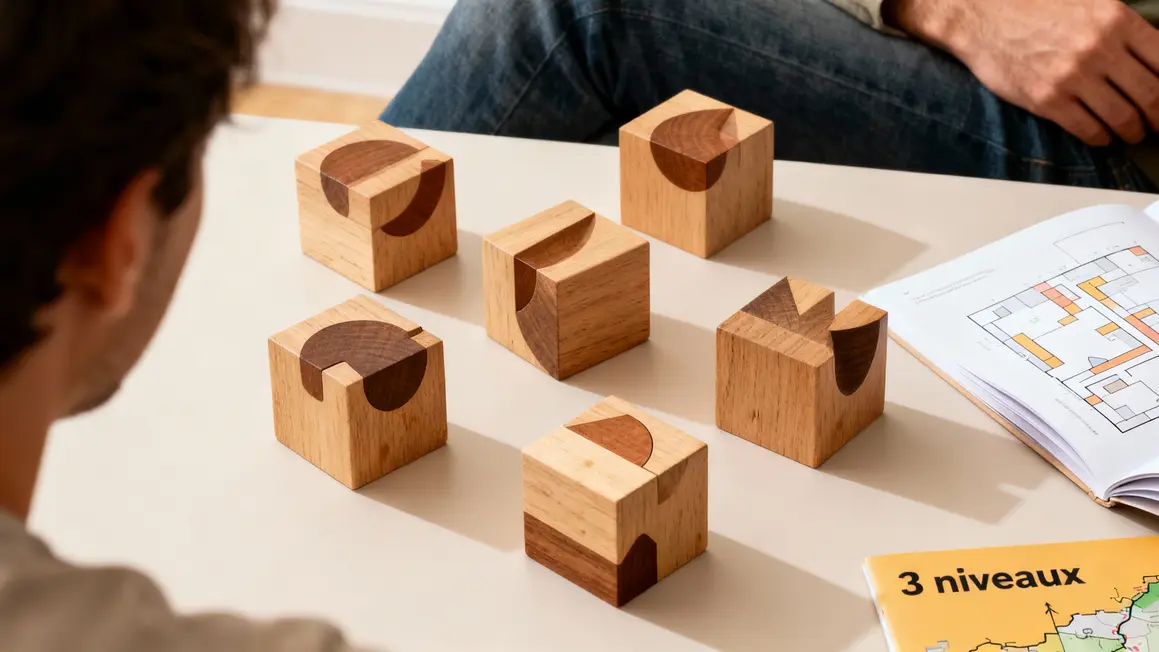 Cubissimo : casse-tête 3D en bois, logique et plaisir pour toute la famille Blocs Cubissimo bois et livret défis