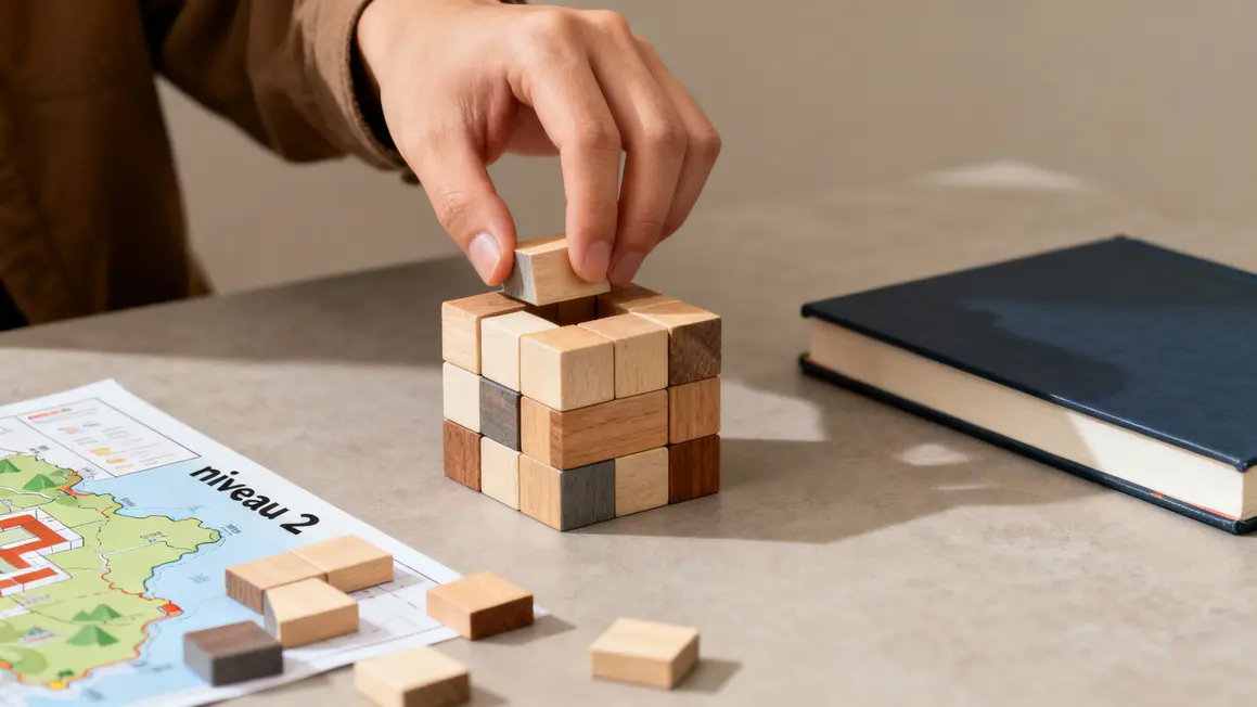 Cubissimo : casse-tête 3D en bois, logique et plaisir pour toute la famille Assembler cube Cubissimo main et carte défi