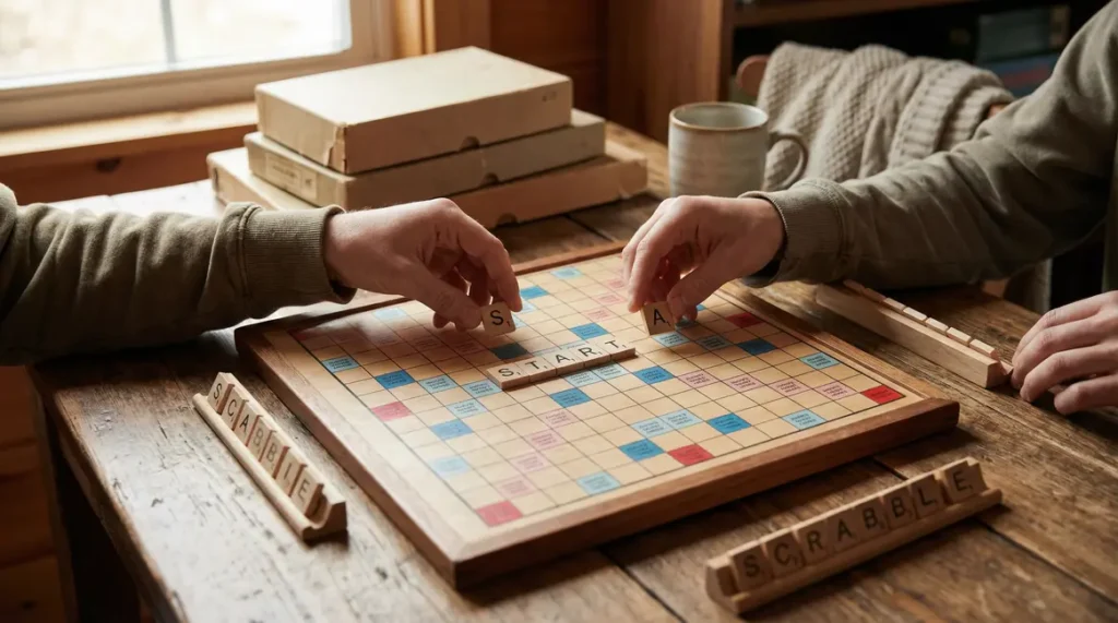 Ro au Scrabble : valide ou non ? Règles essentielles et astuces simples Plateau Scrabble debut partie joueurs ambiance