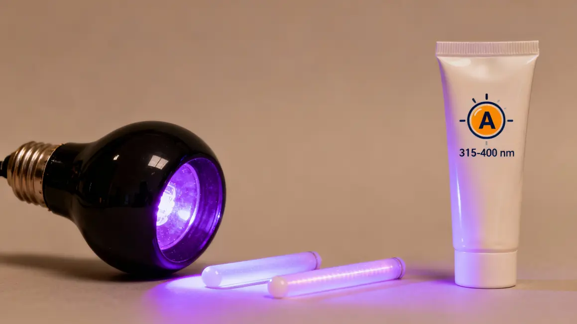 Blacklight et rétinol : risques cutanés et astuces pour une routine safe Ampoule blacklight sur produits fluorescents, crème vitamine A