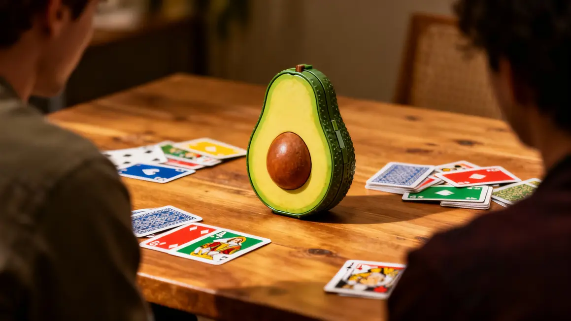 Olé Guacamolé : avis, règles et conseils pour électriser vos apéros famille Boite en forme avocat Ole Guacamole et cartes colorées sur table