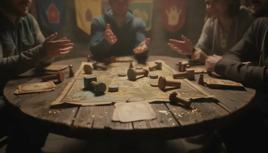 Dilemme du roi : le jeu legacy narratif qui change chaque partie Groupe debat autour du Dilemme du Roi plateau