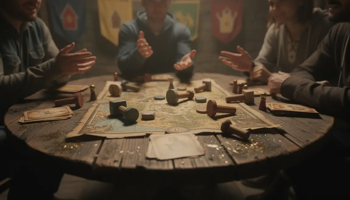 Dilemme du roi : le jeu legacy narratif qui change chaque partie Groupe debat autour du Dilemme du Roi plateau