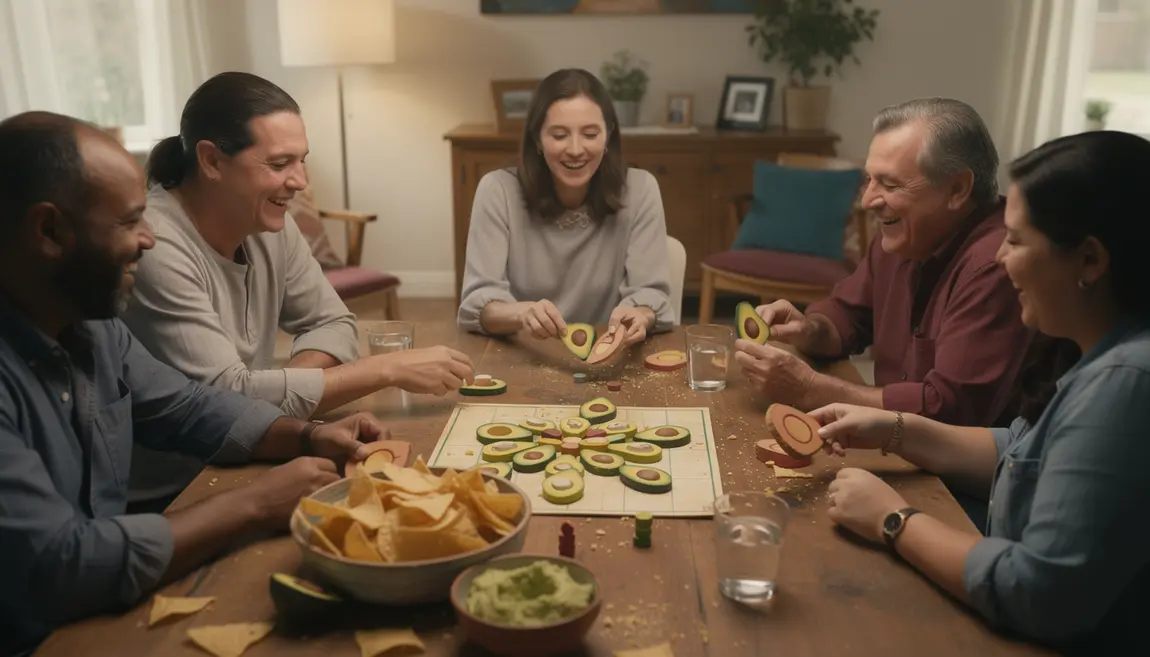 Olé Guacamolé : avis, règles et conseils pour électriser vos apéros famille Groupe jouant Ole Guacamole autour d'une table, ambiance apéritif familial