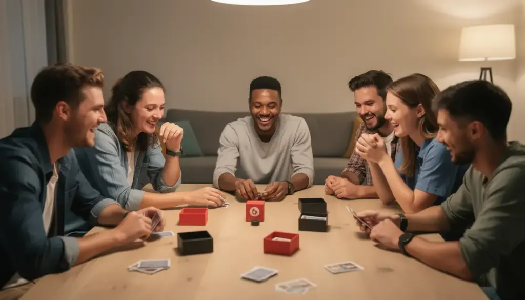 Jeu d’ambiance Taggle : rires faciles et créativité pour partager tout de suite Joueurs rient autour d'une table avec le jeu Taggle