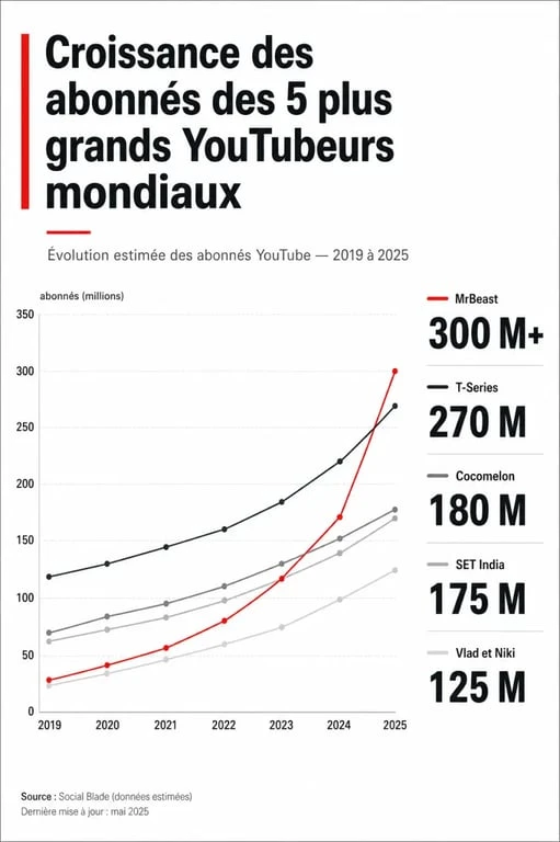 Classement YouTube mondial : les 5 créateurs qui redéfinissent l'influence en 2026 Classement des YouTubeurs les plus suivis au monde : infographie des leaders de l'influence numérique.