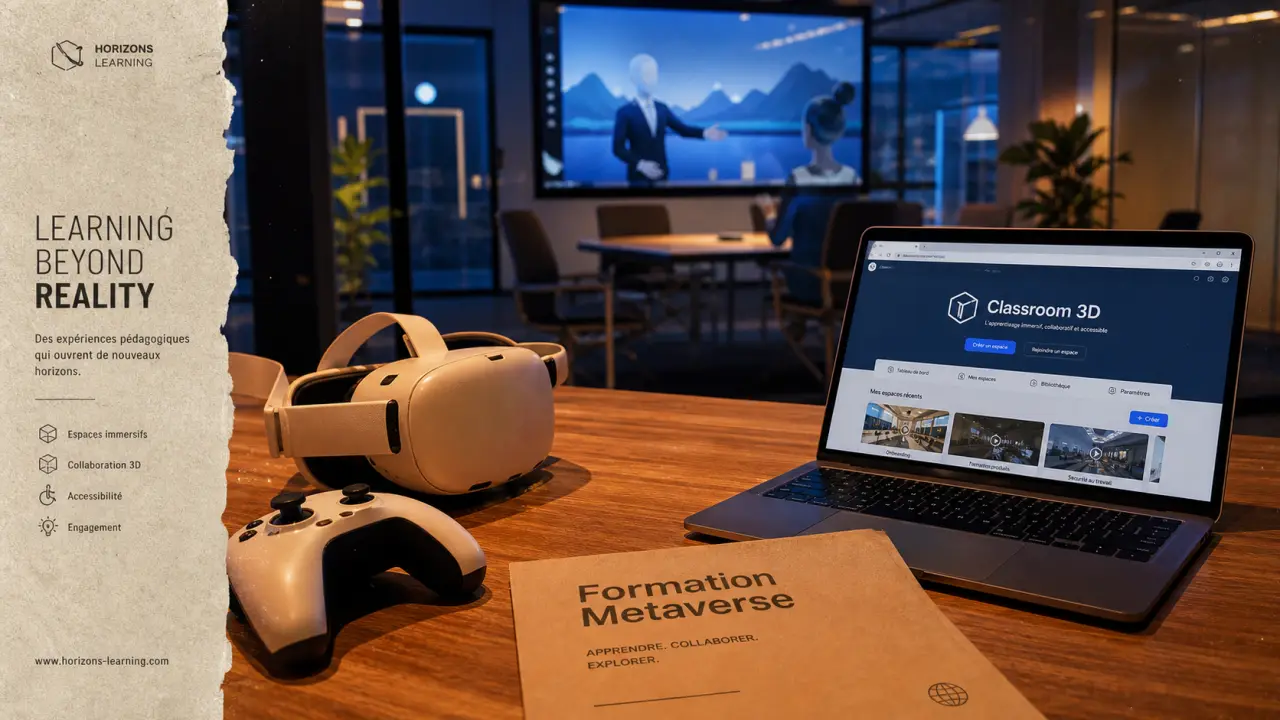 Formation metaverse : casque VR, PC et avatar en réunion
