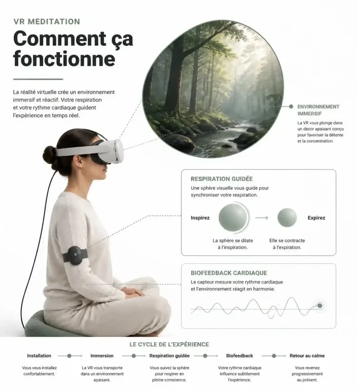VR meditation : schéma du fonctionnement d’une séance de méditation en réalité virtuelle