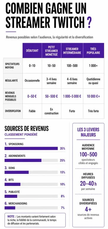 24,09 € en 6 mois : combien gagne vraiment un streamer Twitch ? Combien gagne un streamer Twitch : infographie des revenus selon le niveau d’audience et les sources de monétisation