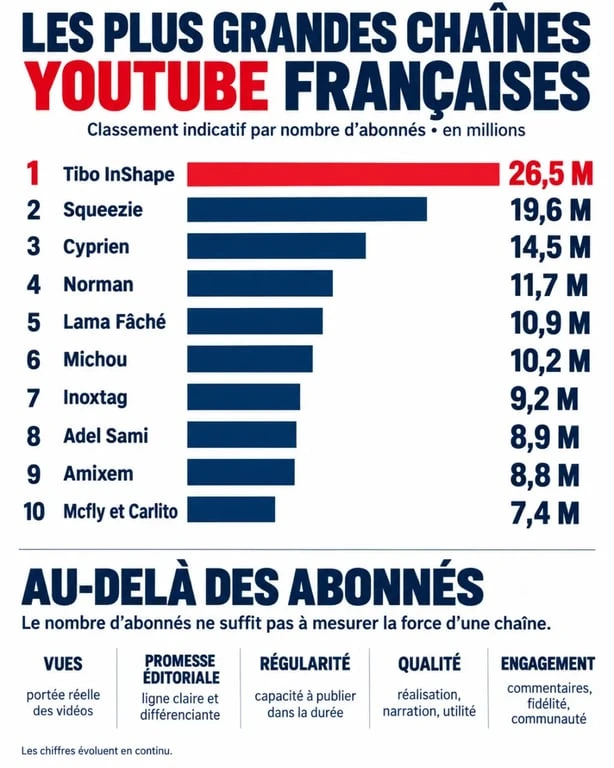 Infographie des meilleures chaînes YouTube françaises selon les abonnés et les critères de choix