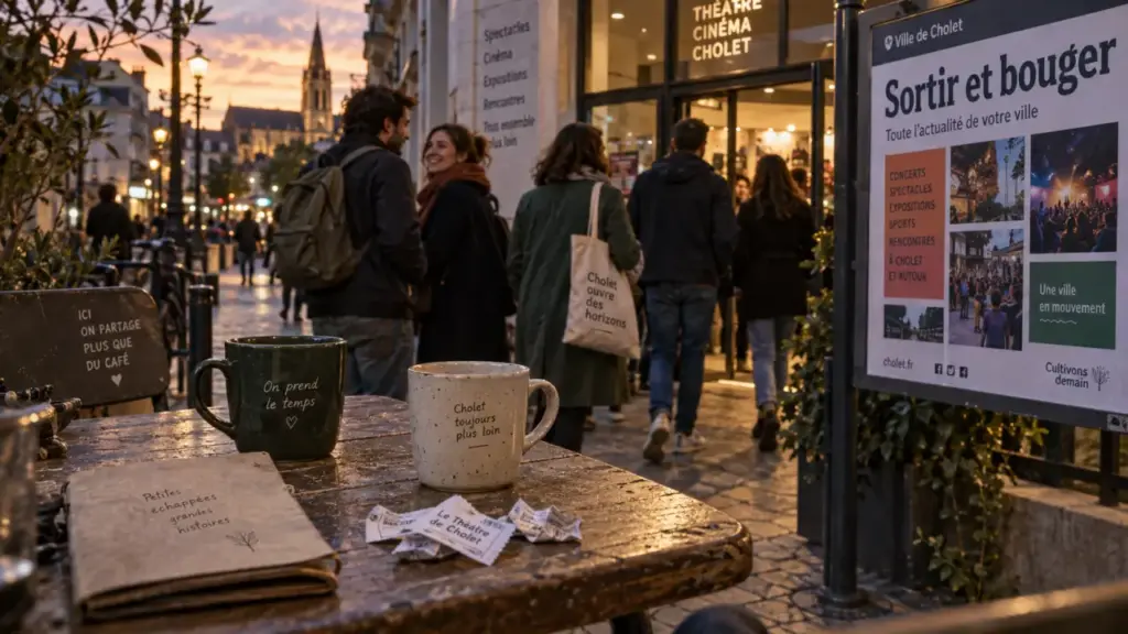 Sortir et bouger à Cholet : des activités simples pour rencontrer du monde Sortir bouger Cholet : groupe marche près d’un panneau municipal, ambiance de fin de journée